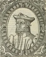 An illustration from Icones, id est, Verae imagines virorum doctrina simul et pietate illustrium, : quorum praecipuè ministerio partim bonarum literarum studia sunt restituta, partim vera religio in variis orbis Christiani regionibus, nostra patrúmque memoria fuit instaurata : additis eorundem vitae & operae descriptionibus, quibus adiectae sunt nonnullae picturae quas emblemata vocant. (1580)