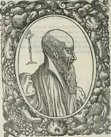 An illustration from Icones, id est, Verae imagines virorum doctrina simul et pietate illustrium, : quorum praecipuè ministerio partim bonarum literarum studia sunt restituta, partim vera religio in variis orbis Christiani regionibus, nostra patrúmque memoria fuit instaurata : additis eorundem vitae & operae descriptionibus, quibus adiectae sunt nonnullae picturae quas emblemata vocant. (1580)