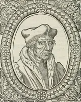 An illustration from Icones, id est, Verae imagines virorum doctrina simul et pietate illustrium, : quorum praecipuè ministerio partim bonarum literarum studia sunt restituta, partim vera religio in variis orbis Christiani regionibus, nostra patrúmque memoria fuit instaurata : additis eorundem vitae & operae descriptionibus, quibus adiectae sunt nonnullae picturae quas emblemata vocant. (1580)