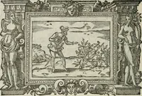 An illustration from Icones, id est, Verae imagines virorum doctrina simul et pietate illustrium, : quorum praecipuè ministerio partim bonarum literarum studia sunt restituta, partim vera religio in variis orbis Christiani regionibus, nostra patrúmque memoria fuit instaurata : additis eorundem vitae & operae descriptionibus, quibus adiectae sunt nonnullae picturae quas emblemata vocant. (1580)