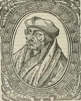 An illustration from Icones, id est, Verae imagines virorum doctrina simul et pietate illustrium, : quorum praecipuè ministerio partim bonarum literarum studia sunt restituta, partim vera religio in variis orbis Christiani regionibus, nostra patrúmque memoria fuit instaurata : additis eorundem vitae & operae descriptionibus, quibus adiectae sunt nonnullae picturae quas emblemata vocant. (1580)
