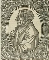 An illustration from Icones, id est, Verae imagines virorum doctrina simul et pietate illustrium, : quorum praecipuè ministerio partim bonarum literarum studia sunt restituta, partim vera religio in variis orbis Christiani regionibus, nostra patrúmque memoria fuit instaurata : additis eorundem vitae & operae descriptionibus, quibus adiectae sunt nonnullae picturae quas emblemata vocant. (1580)