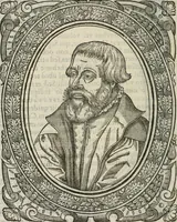 An illustration from Icones, id est, Verae imagines virorum doctrina simul et pietate illustrium, : quorum praecipuè ministerio partim bonarum literarum studia sunt restituta, partim vera religio in variis orbis Christiani regionibus, nostra patrúmque memoria fuit instaurata : additis eorundem vitae & operae descriptionibus, quibus adiectae sunt nonnullae picturae quas emblemata vocant. (1580)