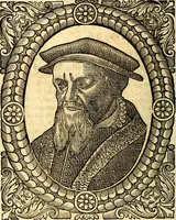 An illustration from Icones, id est verae imagines virorum doctrina simul et pietate illustrium, quorum praecipuè ministerio partim bonarum literarum studia sunt restituta, partim vera religio in variis orbis Christiani regionibus, nostra patrúmque memoria fuit instaurata: additis eorundem vitae & operae descriptionibus, quibus adiectae sunt nonnullae picturae quas emblemata vocant (1580)