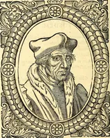 An illustration from Icones, id est verae imagines virorum doctrina simul et pietate illustrium, quorum praecipuè ministerio partim bonarum literarum studia sunt restituta, partim vera religio in variis orbis Christiani regionibus, nostra patrúmque memoria fuit instaurata: additis eorundem vitae & operae descriptionibus, quibus adiectae sunt nonnullae picturae quas emblemata vocant (1580)