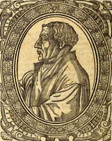 An illustration from Icones, id est verae imagines virorum doctrina simul et pietate illustrium, quorum praecipuè ministerio partim bonarum literarum studia sunt restituta, partim vera religio in variis orbis Christiani regionibus, nostra patrúmque memoria fuit instaurata: additis eorundem vitae & operae descriptionibus, quibus adiectae sunt nonnullae picturae quas emblemata vocant (1580)