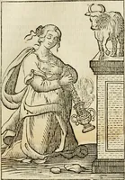 An illustration from Iconologia, of, Uytbeeldingen des verstands : waer in verscheiden afbeeldingen van deughden, ondeughden, genegentheden, menschlijcke hertztochten, konsten, leeringen, sinlijckheden, elementen, hemelsche lichamen, landschappen van Italien, revieren van alle deelen des werrelts, en alle andere ontallijcke stoffen, met hare verklaringen, werden verhandelt : een werck dat dienstigh is, allen reedenaers, poëten, schilders, beeldhouwers, teyckenaers, en alle andere konstbeminders en liefhebbers der geleertheyt en eerlijcke wetenschappen ... (1644)