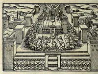 An illustration from Ierusalem, vetustissima illa et celeberrima totius mundi ciuitas : ex sacris literis et approbatis historicis ad unguem descripta : una cum orthodoxis figurae ac ueritatis explicationibus, iuxta scripturarum Veteris ac Noui Testamenti accuratam collationem : ac quaenam huius urbis, templique & omnium aliorum, tam intra quàm extra moenia locorum atque gestorum mystica sit repraesentatio : quid etiam peregrina propria nomina in tota passim histoira commemorata, signifcent at[que] denotent (1563)