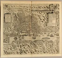 An illustration from II. Pars Indiae Orientalis, in qva Iohan. Hvgonis Lintscotani nauigatio in Orientem, item regna, littora, portus, flumina, apparentiae, habitus moresque Indorum & Lusitanorum pariter in Oriente degentium: praeterea merces, monetae, mensurae, & pondera, quae quibus in locis, quóve compendio prostent, accurate proponuntur. (1599)