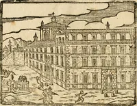 An illustration from Il Campidoglio trionfante in occasione della nobilissima caualcata fatta il dì 4. nouembre 1691 per l'eccellentissimo signor Ottauio Riari, marchese di Monte Peloso e senator di Bologna, nell'andar' a prenderui'l possesso della dignità di senator di Roma, conferitagli da nostro signore papa Innocenzo XII : colla descrizione dell'apparato fatto in Campidoglio, delle cirimonie praticate ne' palazzi, del Quirinale e dello stesso Campidoglio, e colla nota di tutte le particolarità attenenti à detta fonzione (1691)
