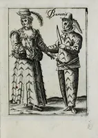 An illustration from Il carnevale italiano mascherato : que si veggono in figura varie inuentione de capritii (1642)