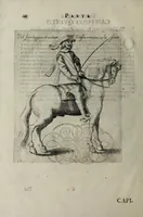 An illustration from Il cauallo da maneggio. Libro. Dove si tratta della nobilissima virtu del caualcare, come il cauagliere deue star' à cauallo, acciò sia chiamato perfetto cauagliere, amato e stimato da tutti; come si deue domar' il cauallo, gouernare, inferrare, imbrigliare, am̃aestrare; in che tempo si deuono pigliar li poledri per ammaestrarli di tempo in tempo, e di scola in scola. Della razza dei stalloni, de pelami; de segni buoni, et cattiui; & in fine dei remedij ad' ogni sorte d'infirmità che puol accader' al cauallo. Diviso in tre parti, nella prima si tratta del conoscer li caualli; nella seconda il modo di caualcare; nella terza il modo di medicar' ogni sorte d'infirmità; con tre tauole .. (1650)