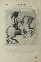 An illustration from Il cauallo da maneggio. Libro. Dove si tratta della nobilissima virtu del caualcare, come il cauagliere deue star' à cauallo, acciò sia chiamato perfetto cauagliere, amato e stimato da tutti; come si deue domar' il cauallo, gouernare, inferrare, imbrigliare, am̃aestrare; in che tempo si deuono pigliar li poledri per ammaestrarli di tempo in tempo, e di scola in scola. Della razza dei stalloni, de pelami; de segni buoni, et cattiui; & in fine dei remedij ad' ogni sorte d'infirmità che puol accader' al cauallo. Diviso in tre parti, nella prima si tratta del conoscer li caualli; nella seconda il modo di caualcare; nella terza il modo di medicar' ogni sorte d'infirmità; con tre tauole .. (1650)
