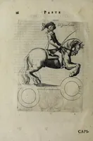 An illustration from Il cauallo da maneggio. Libro. Dove si tratta della nobilissima virtu del caualcare, come il cauagliere deue star' à cauallo, acciò sia chiamato perfetto cauagliere, amato e stimato da tutti; come si deue domar' il cauallo, gouernare, inferrare, imbrigliare, am̃aestrare; in che tempo si deuono pigliar li poledri per ammaestrarli di tempo in tempo, e di scola in scola. Della razza dei stalloni, de pelami; de segni buoni, et cattiui; & in fine dei remedij ad' ogni sorte d'infirmità che puol accader' al cauallo. Diviso in tre parti, nella prima si tratta del conoscer li caualli; nella seconda il modo di caualcare; nella terza il modo di medicar' ogni sorte d'infirmità; con tre tauole .. (1650)