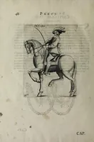 An illustration from Il cauallo da maneggio. Libro. Dove si tratta della nobilissima virtu del caualcare, come il cauagliere deue star' à cauallo, acciò sia chiamato perfetto cauagliere, amato e stimato da tutti; come si deue domar' il cauallo, gouernare, inferrare, imbrigliare, am̃aestrare; in che tempo si deuono pigliar li poledri per ammaestrarli di tempo in tempo, e di scola in scola. Della razza dei stalloni, de pelami; de segni buoni, et cattiui; & in fine dei remedij ad' ogni sorte d'infirmità che puol accader' al cauallo. Diviso in tre parti, nella prima si tratta del conoscer li caualli; nella seconda il modo di caualcare; nella terza il modo di medicar' ogni sorte d'infirmità; con tre tauole .. (1650)