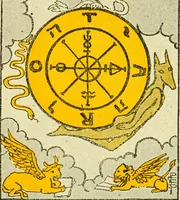An illustration from The illustrated key to the tarot, the veil of divination, illustrating the greater and lesser arcana, embracing: The veil and its symbols. Secret tradition under the veil of divination. Art of tarot divination. Outer method of the oracles. The tarot in history. Inner symbolism. The greater keys (1918)