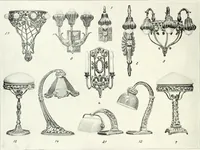 An illustration from Illustrating light iron pressed rosettes, cups, husks, leaves, roses and various ornaments used on lamps and lighting fixtures ... (1922)
