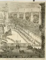 An illustration from Il Mondo festeggiante : balletto a cavallo, fatto nel teatro congiunto al palazzo del sereniss. gran dvca, per le reali nozze de' serenissimi principi Cosimo Terzo di Toscana, e Margherita Lvisa d'Orleans (1661)