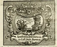 An illustration from Il teatro dell' honore : academia mista d' essercitij letterari e cauallereschi, solita celebrarsi sù 'l fine dell'anno in Collegio de' nobili di Parma per rimeritare quei signori convittori, che nello studio delle lettere e dell'arti caualleresche si sono sopra gli altri segnalati, tenuta quest'anno 1673, li 20. agosto e dedicata all' Altezza Serenissima di Ranuccio II, duca di Parma, &c (1673)