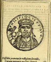 Picture 99 of 105 from Imagines et vitae imperatorvm Romanorvm: Illae ad vetusta numismata fideliter designatae; hae ex probatissimis auctoribus depromtae. Addita ad singulas imagines Ausonÿ & aliorum Elogia Tetrasticha (1599), leaf 214