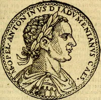 Picture 30 of 105 from Imagines et vitae imperatorvm Romanorvm: Illae ad vetusta numismata fideliter designatae; hae ex probatissimis auctoribus depromtae. Addita ad singulas imagines Ausonÿ & aliorum Elogia Tetrasticha (1599), leaf 68