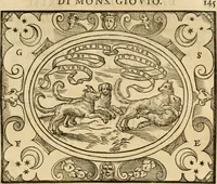 An illustration from Dialogo dell'imprese militari et amorose di monsignor Giovio, vescouo di Nocera : con vn ragionamento di messer Lodouico Domenichi nel medesimo soggetto ; con la tavola (1559)
