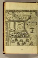 An illustration from Indiae Orientalis pars X. Qua continetur, Historica relatio siue descriptio novi as Aquilonem transitus, supra terras Americanas in Chinam atq[ue] Iaponem ducturi, quemadmodum is ab Henrico Hudsono Anglo nuper inuentis est, addita breui insularum & locorum aliorum, in itinere isto occurrentium, ex Iohannis-Hugonis Lintschottani itineratio desumpta commemoratione. : Item discursus ad sereniss. Hispaniae regem, super detecta nuper quinta orbis parte, terra nempè Australis incognita, à capitaneo quodam Petro-Ferdinando de Quir, &c. conscriptus. Addita descriptione regionum Siberiae, Samoiediae atque Tingoesiae, in Tartaria versus ortum freti Weigatsii sitarum, quae nuper à Moscis detectae &c occupatae sunt. (1613)