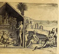 An illustration from Indiae Orientalis pars VI. Veram et historicam descriptionem auriferi regni Guineae, ad Africam pertinentis, quod alias littus de Mina vocant, : continens, qua situs loci, ratio vrbium & domorum, portus item & flumina varia, cum variis incolarum superstitionibus, educatione, forma, commerciis, linguis & moribus, succincta breuitate explicantur & percensentur. (1604)