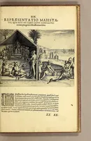 An illustration from Indiae Orientalis pars VI. Veram et historicam descriptionem auriferi regni Guineae, ad Africam pertinentis, quod alias littus de Mina vocant, : continens, qua situs loci, ratio vrbium & domorum, portus item & flumina varia, cum variis incolarum superstitionibus, educatione, forma, commerciis, linguis & moribus, succincta breuitate explicantur & percensentur. (1604)