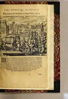 An illustration from Indiae Orientalis pars vndecima, : quâ continetur I. Duarum navigationum, quas jussu Emanuelis Portugalliae regis in Indiam Orientalem Ann. 1501. Dn. Americus Vesputius instituit, historia. II. Vera atque hactenus inaudita Angli cujusdam relatio, qui nave quadam, cui Ascenionis nomen, in extremam Indiae Orientalis oram Cambajam vectus, ac naufragium ibidem passus, postea quàm plurimas nobis incognitas regiones, amplissimasq[ue] urbes peragravit, ińque iis multa lectu auditúque jucunda observavit. III. Descriptio regionis Spitzbergae additâ simul relatione in juriarum, quas Ann. 1613. alii piscatores ab Anglis perpessi sunt: & protestatione contra Anglos, qui sibi folis omne jus in istam regionem vendicarunt. Nunc primum Latio donata, atq[ue] elegantissimè in aes incisis imaginibus illustratae. (1619)