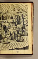 An illustration from Indiae Orientalis pars octaua: Navigationes quinque, : primam, à Iacobo Neccio, ab anno 1600. vsque ad annum 1603. Secundam, à Iohanne Hermanno de Bree, ab anno 1602. vsq[ue], ad annum 1604. Tertiam, à Cornelio Nicolai, annis quatuor. Quartam, à Cornelio de Vena, duobus annis. Quintam, sub Stephano de Hagen tribus annis, in Indiam Orientalem susceptas & peractas continens. Locorum, regnum, populorum, rituuḿque variorum descriptione, victoriarum item à Lusitanis reportatarum, & Araboinae, Tidoriśque expugnationis commemoratione addita. (1607)