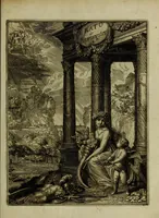 An illustration from Inleyding tot de hooge schoole der schilderkonst: anders de zichtbaere werelt. : verdeelt in negen leerwinkels, yder bestiert door eene der zanggodinnen. Ten hoogsten noodzakelijk, tot onderwijs, voor alle die deeze edele, vrye, en hooge konst oeffenen, of met yver zoeken te leeren, of anders eenigzins beminnen. (1678)