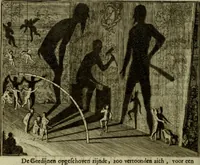 An illustration from Inleyding tot de hooge schoole der schilderkonst: anders de zichtbaere werelt. : verdeelt in negen leerwinkels, yder bestiert door eene der zanggodinnen. Ten hoogsten noodzakelijk, tot onderwijs, voor alle die deeze edele, vrye, en hooge konst oeffenen, of met yver zoeken te leeren, of anders eenigzins beminnen. (1678)