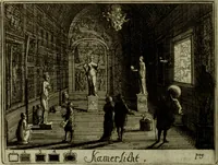 An illustration from Inleyding tot de hooge schoole der schilderkonst: anders de zichtbaere werelt. : verdeelt in negen leerwinkels, yder bestiert door eene der zanggodinnen. Ten hoogsten noodzakelijk, tot onderwijs, voor alle die deeze edele, vrye, en hooge konst oeffenen, of met yver zoeken te leeren, of anders eenigzins beminnen. (1678)