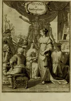 An illustration from Inleyding tot de hooge schoole der schilderkonst: anders de zichtbaere werelt. : verdeelt in negen leerwinkels, yder bestiert door eene der zanggodinnen. Ten hoogsten noodzakelijk, tot onderwijs, voor alle die deeze edele, vrye, en hooge konst oeffenen, of met yver zoeken te leeren, of anders eenigzins beminnen. (1678)
