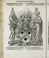 An illustration from Insignia sacrae caesareae maiestatis, principvm electorvm, ac aliqvot illvstrissimarvm, illvstrium, nobilium, & aliarum familiarum, formis artificiosissimis expressa : addito cuiq[ue] peculiari symbolo, & carmine octasticho, quibus cum ipsum insigne tum symbolum ingeniosè, ac sine vlla arrogantia vel mordacitate, liberaliter explicantur : his adiecta svnt totidem vacva (vti appellant) scuta, vt alij quoq[ue], quib. hoc institutum placebit, suae etiam gentis imagines penicillo adijcere possint .. (1579)