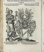 An illustration from Insignia sacrae caesareae maiestatis, principvm electorvm, ac aliqvot illvstrissimarvm, illvstrium, nobilium, & aliarum familiarum, formis artificiosissimis expressa : addito cuiq[ue] peculiari symbolo, & carmine octasticho, quibus cum ipsum insigne tum symbolum ingeniosè, ac sine vlla arrogantia vel mordacitate, liberaliter explicantur : his adiecta svnt totidem vacva (vti appellant) scuta, vt alij quoq[ue], quib. hoc institutum placebit, suae etiam gentis imagines penicillo adijcere possint .. (1579)