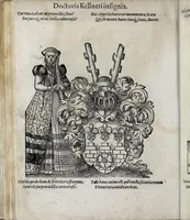 An illustration from Insignia sacrae caesareae maiestatis, principvm electorvm, ac aliqvot illvstrissimarvm, illvstrium, nobilium, & aliarum familiarum, formis artificiosissimis expressa : addito cuiq[ue] peculiari symbolo, & carmine octasticho, quibus cum ipsum insigne tum symbolum ingeniosè, ac sine vlla arrogantia vel mordacitate, liberaliter explicantur : his adiecta svnt totidem vacva (vti appellant) scuta, vt alij quoq[ue], quib. hoc institutum placebit, suae etiam gentis imagines penicillo adijcere possint .. (1579)