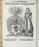 An illustration from Insignia sacrae caesareae maiestatis, principvm electorvm, ac aliqvot illvstrissimarvm, illvstrium, nobilium, & aliarum familiarum, formis artificiosissimis expressa : addito cuiq[ue] peculiari symbolo, & carmine octasticho, quibus cum ipsum insigne tum symbolum ingeniosè, ac sine vlla arrogantia vel mordacitate, liberaliter explicantur : his adiecta svnt totidem vacva (vti appellant) scuta, vt alij quoq[ue], quib. hoc institutum placebit, suae etiam gentis imagines penicillo adijcere possint .. (1579)