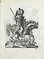 An illustration from Insignia sacrae caesareae maiestatis, principvm electorvm, ac aliqvot illvstrissimarvm, illvstrium, nobilium, & aliarum familiarum, formis artificiosissimis expressa : addito cuiq[ue] peculiari symbolo, & carmine octasticho, quibus cum ipsum insigne tum symbolum ingeniosè, ac sine vlla arrogantia vel mordacitate, liberaliter explicantur : his adiecta svnt totidem vacva (vti appellant) scuta, vt alij quoq[ue], quib. hoc institutum placebit, suae etiam gentis imagines penicillo adijcere possint .. (1579)