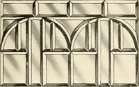 An illustration from International art glass catalogue : art and beveled glass in all its branches : church, memorial, society and domestic windows, Art Nouveau, prism, mitre beveled plate, leaded bevel, etc. (1914)