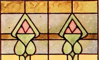 An illustration from International art glass catalogue : art and beveled glass in all its branches : church, memorial, society and domestic windows, Art Nouveau, prism, mitre beveled plate, leaded bevel, etc. (1914)