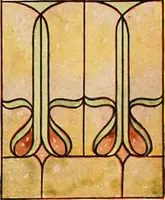 An illustration from International art glass catalogue : art and beveled glass in all its branches : church, memorial, society and domestic windows, Art Nouveau, prism, mitre beveled plate, leaded bevel, etc. (1914)