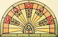 An illustration from International art glass catalogue : art and beveled glass in all its branches : church, memorial, society and domestic windows, Art Nouveau, prism, mitre beveled plate, leaded bevel, etc. (1914)