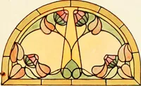 An illustration from International art glass catalogue : art and beveled glass in all its branches : church, memorial, society and domestic windows, Art Nouveau, prism, mitre beveled plate, leaded bevel, etc. (1914)