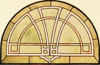 An illustration from International art glass catalogue : art and beveled glass in all its branches : church, memorial, society and domestic windows, Art Nouveau, prism, mitre beveled plate, leaded bevel, etc. (1914)