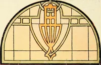 An illustration from International art glass catalogue : art and beveled glass in all its branches : church, memorial, society and domestic windows, Art Nouveau, prism, mitre beveled plate, leaded bevel, etc. (1914)