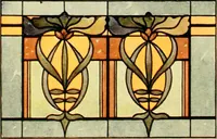 An illustration from International art glass catalogue : art and beveled glass in all its branches : church, memorial, society and domestic windows, Art Nouveau, prism, mitre beveled plate, leaded bevel, etc. (1914)