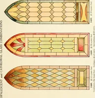 An illustration from International art glass catalogue : art and beveled glass in all its branches : church, memorial, society and domestic windows, Art Nouveau, prism, mitre beveled plate, leaded bevel, etc. (1914)