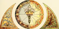 An illustration from International art glass catalogue : art and beveled glass in all its branches : church, memorial, society and domestic windows, Art Nouveau, prism, mitre beveled plate, leaded bevel, etc. (1914)